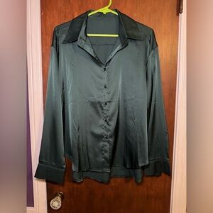 SHEIN Dark Green Satin Button Down Shirt